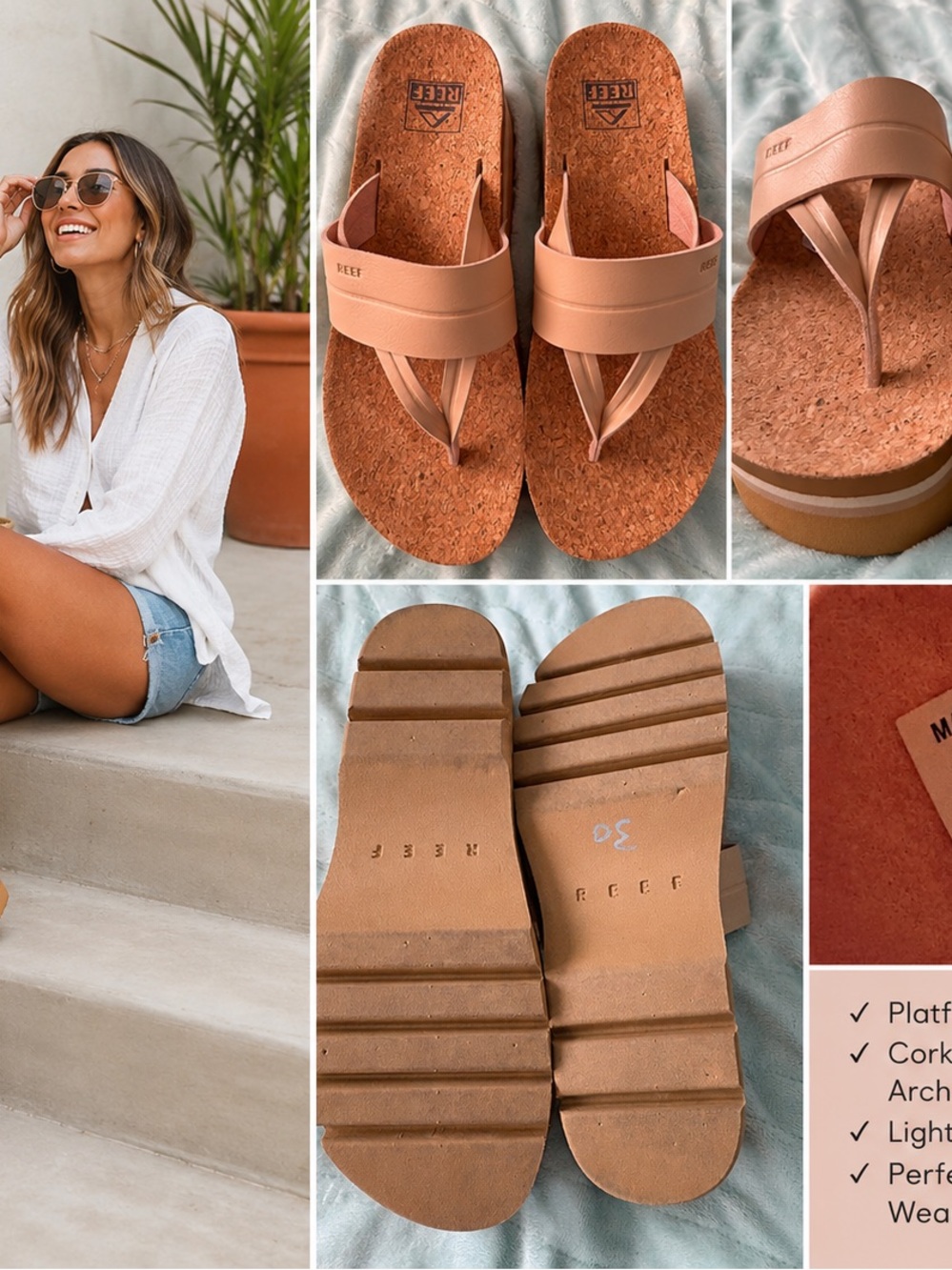 Reef Women’s Thong Sandals Leather Upper Cork Footbed Platform US 9.5 CL #1069